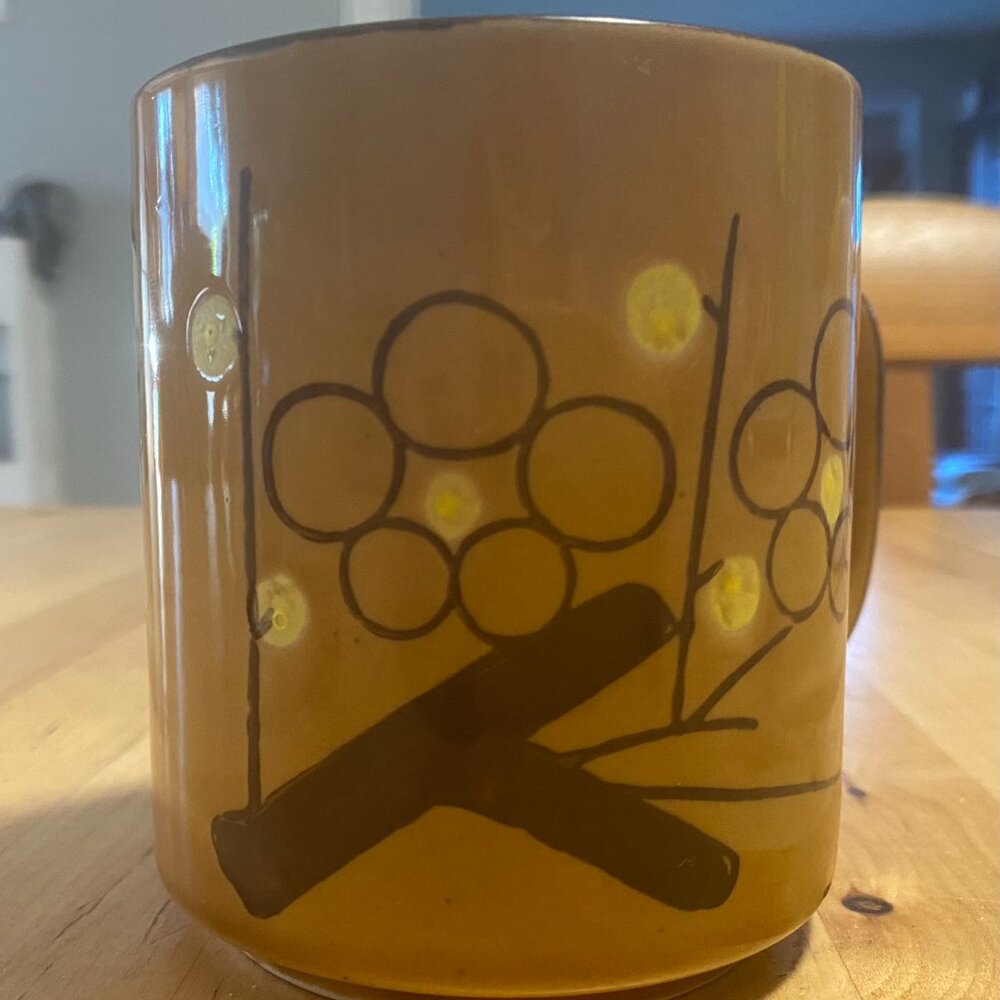 Vintage Otagiri Abstract Floral Ceramic Mug Set Deep Mustard Yellow Brown